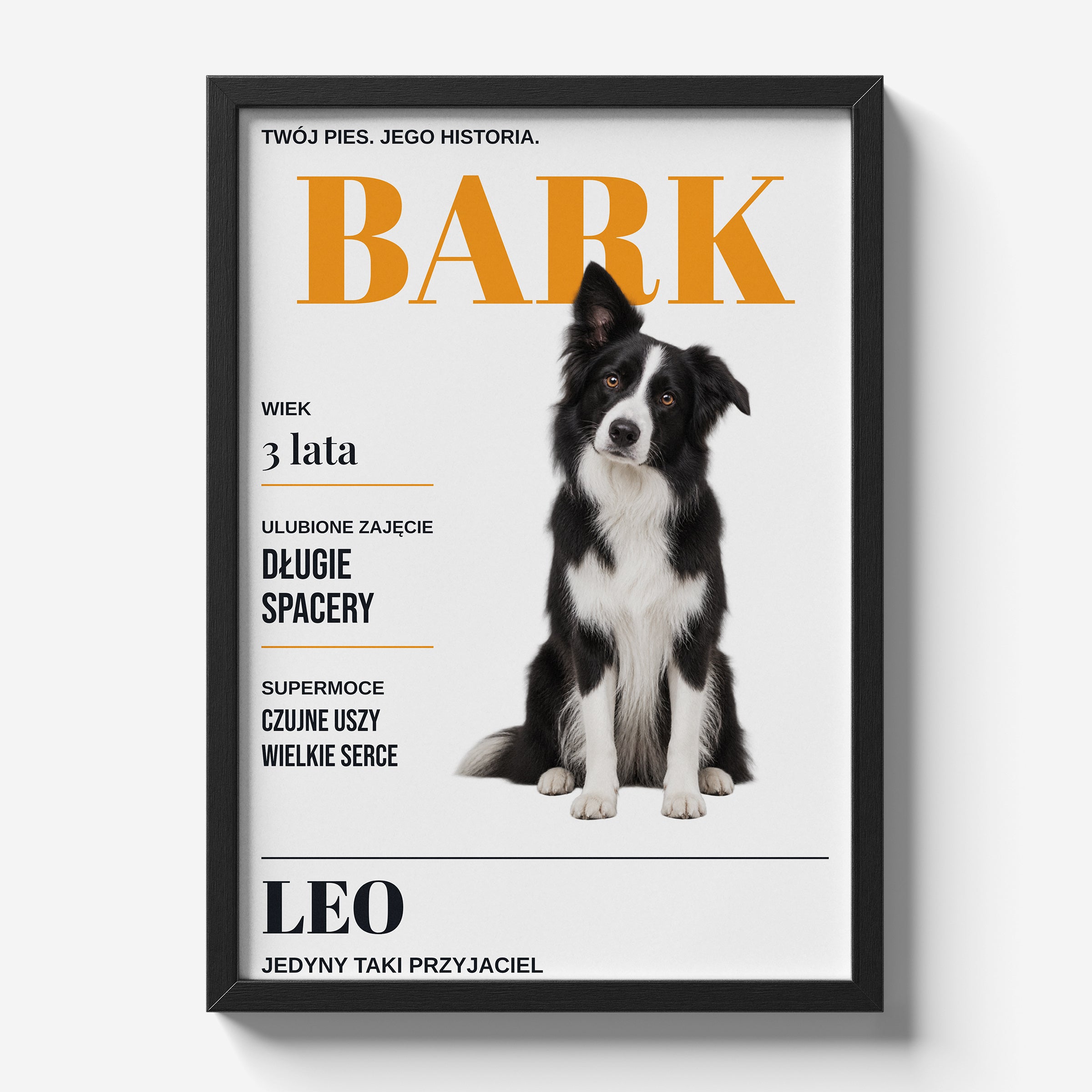 Personalizowany plakat BARK w czarnej ramce 21×30 na jasnym tle Marami, z własnym zdjęciem i tekstem | C-PL-PET-2-2130-NF