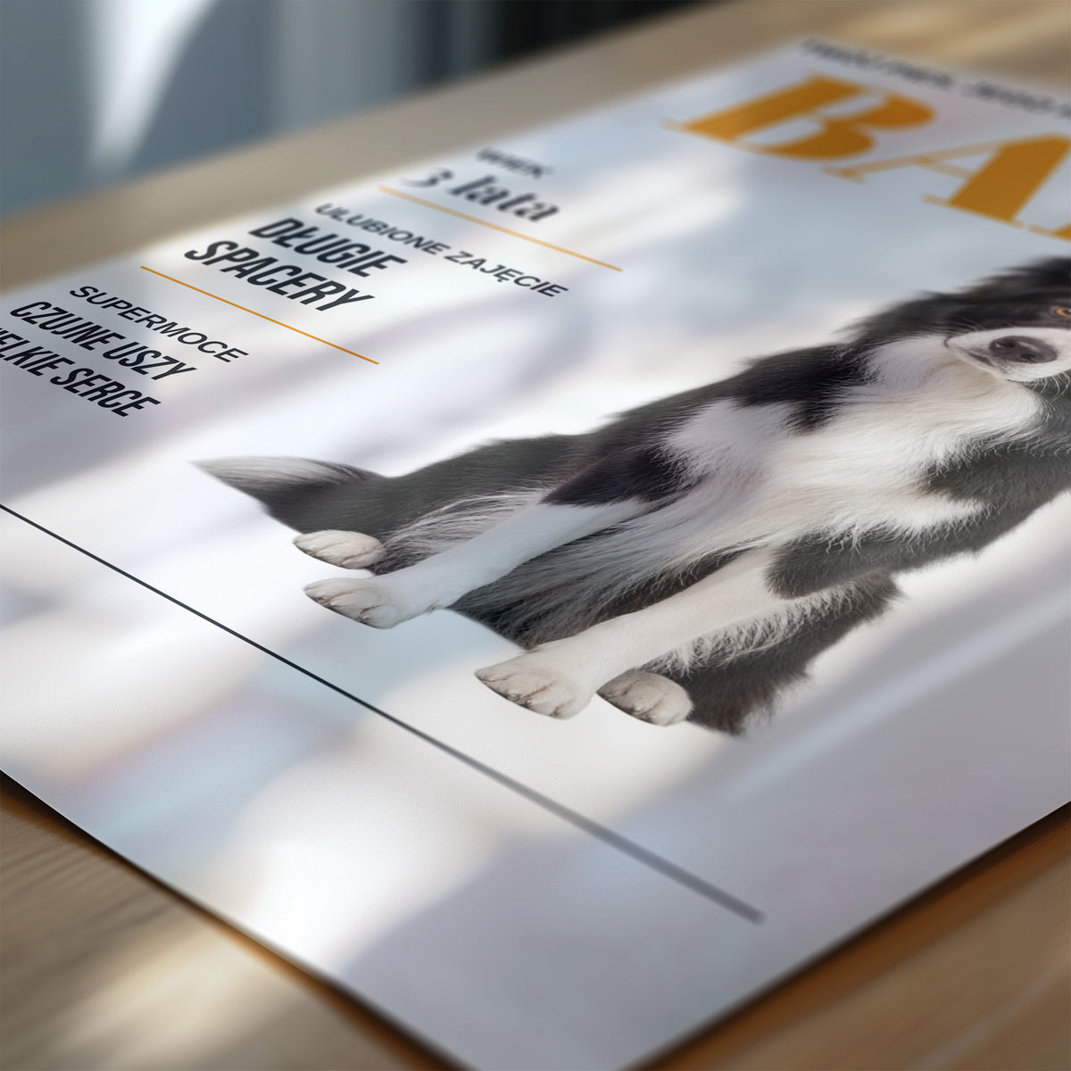Personalizowany plakat BARK w zbliżeniu pokazującym nadruk i typografię, z własnym zdjęciem i tekstem | C-PL-PET-2-2130-NF