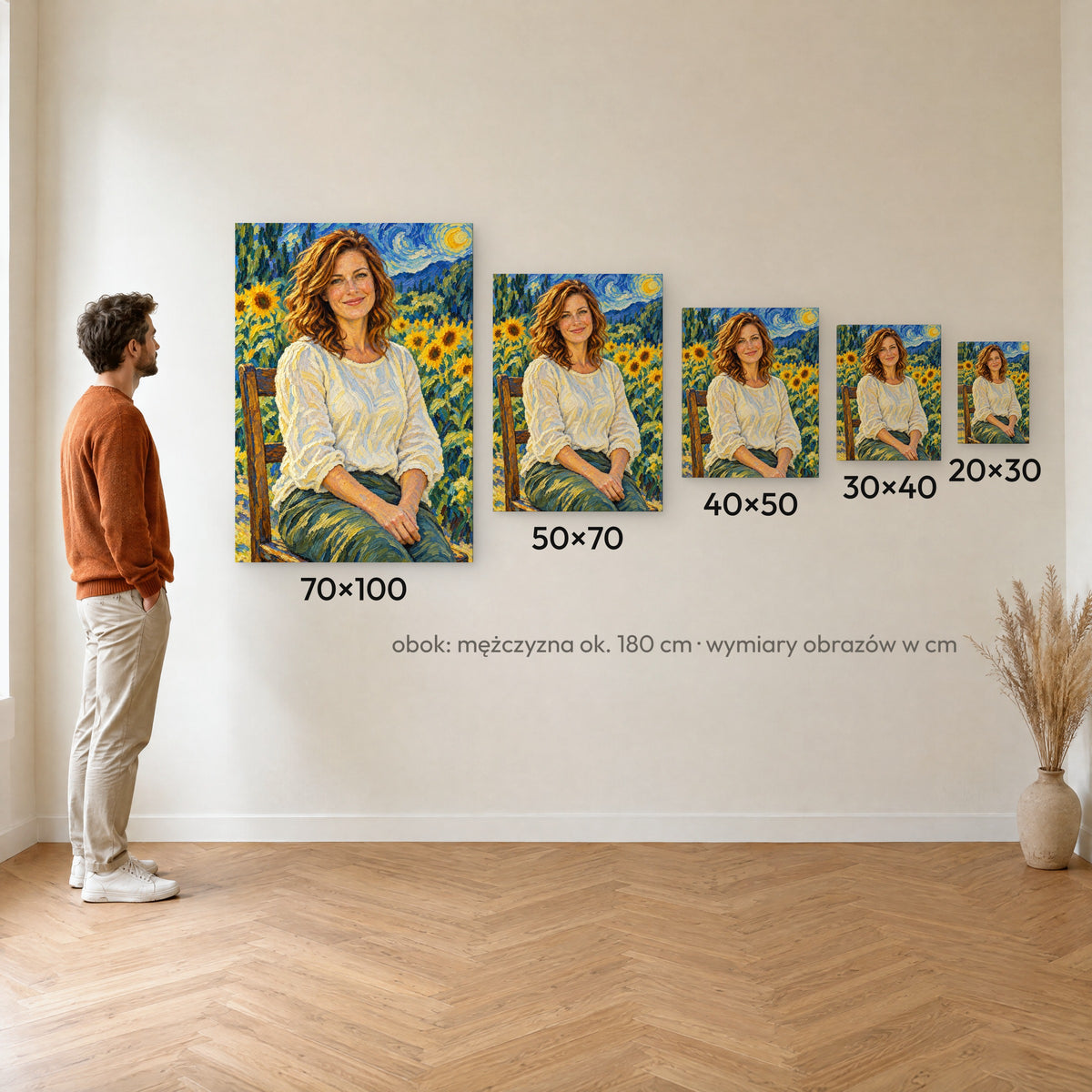 Van Gogh — porównanie rozmiarów obrazu na płótnie: 20×30, 30×40, 40×50, 50×70 i 70×100 cm na ścianie obok mężczyzny ok. 180 cm C-CV-AI-1-2030
