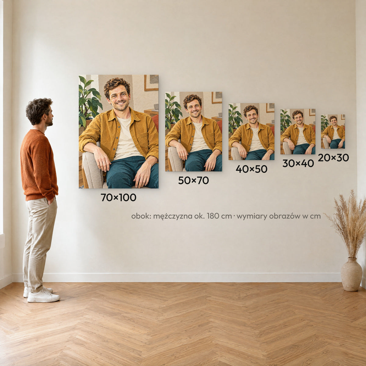 Papierowy portret — porównanie rozmiarów obrazu na płótnie: 20×30, 30×40, 40×50, 50×70 i 70×100 cm na ścianie obok mężczyzny ok. 180 cm C-CV-AI-10-2030