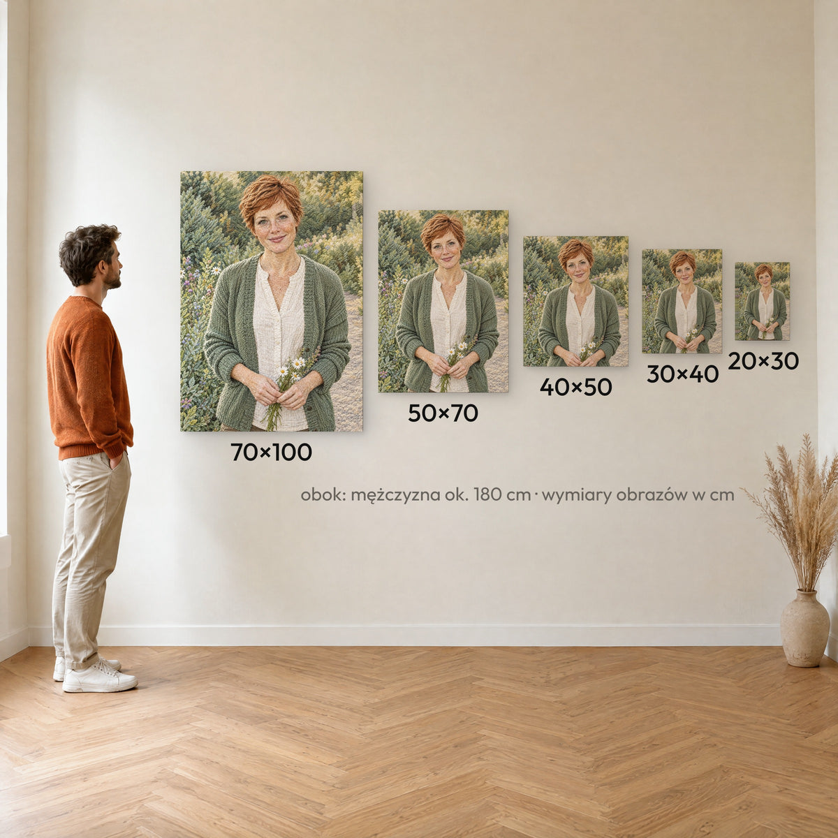 Haft malarski — porównanie rozmiarów obrazu na płótnie: 20×30, 30×40, 40×50, 50×70 i 70×100 cm na ścianie obok mężczyzny ok. 180 cm C-CV-AI-11-2030