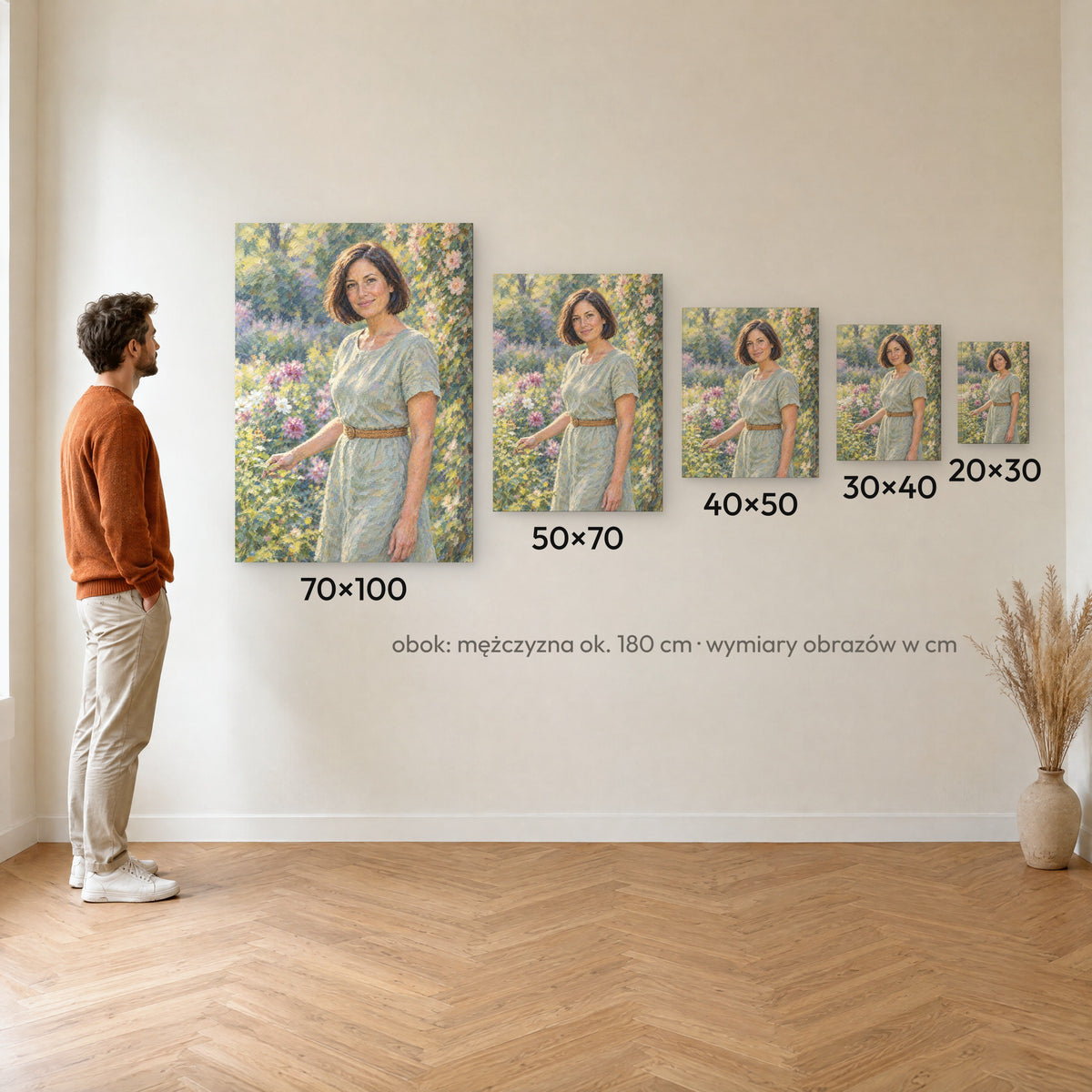 Ogród światła — porównanie rozmiarów obrazu na płótnie: 20×30, 30×40, 40×50, 50×70 i 70×100 cm na ścianie obok mężczyzny ok. 180 cm C-CV-AI-2-2030