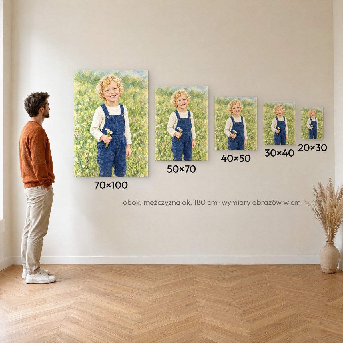 Akwarelowy ogród — porównanie rozmiarów obrazu na płótnie: 20×30, 30×40, 40×50, 50×70 i 70×100 cm na ścianie obok mężczyzny ok. 180 cm C-CV-AI-4-2030