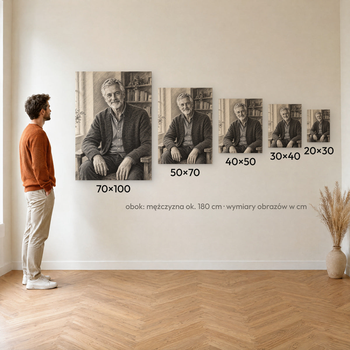 Portret węglem — porównanie rozmiarów obrazu na płótnie: 20×30, 30×40, 40×50, 50×70 i 70×100 cm na ścianie obok mężczyzny ok. 180 cm C-CV-AI-5-2030