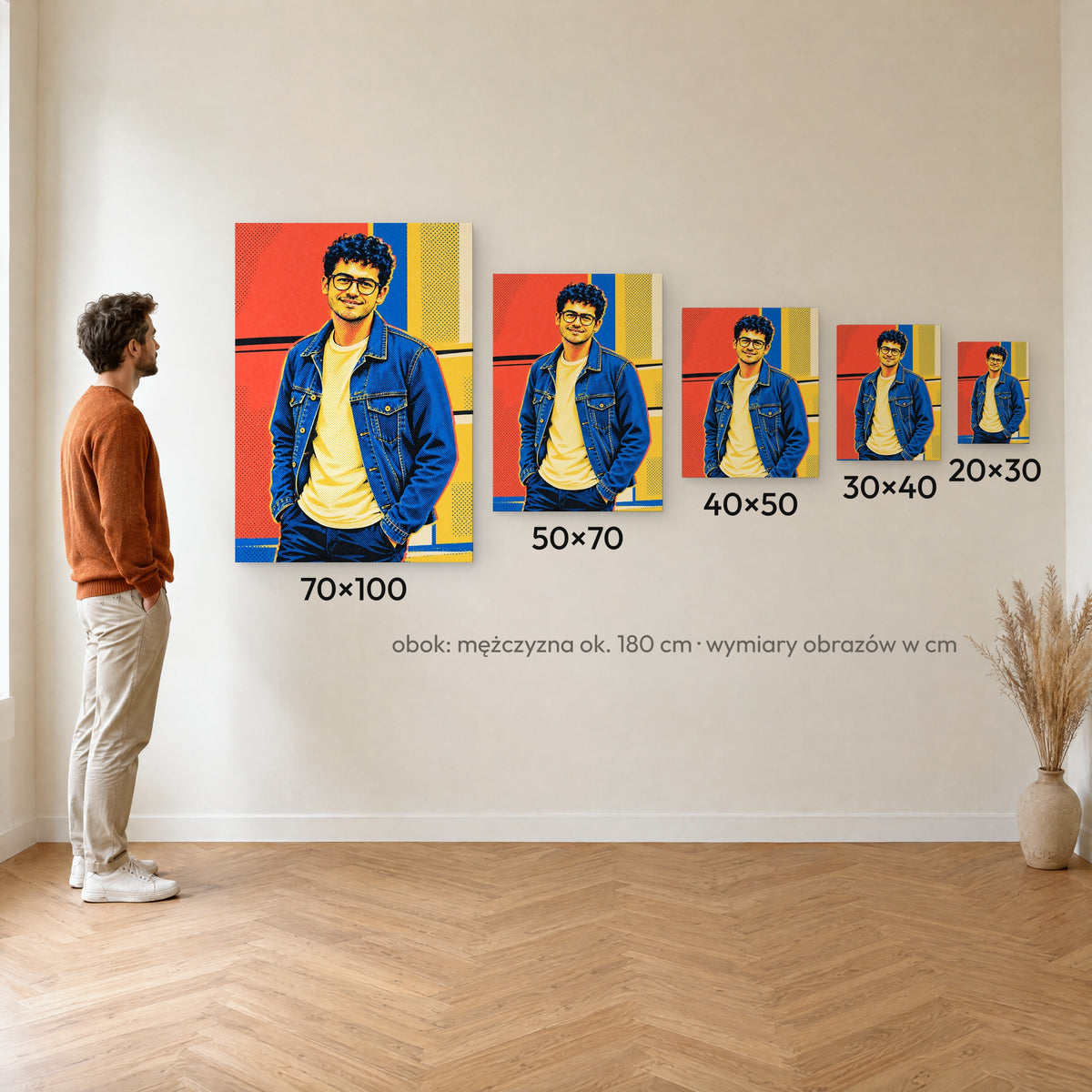 Pop-art — porównanie rozmiarów obrazu na płótnie: 20×30, 30×40, 40×50, 50×70 i 70×100 cm na ścianie obok mężczyzny ok. 180 cm C-CV-AI-6-2030