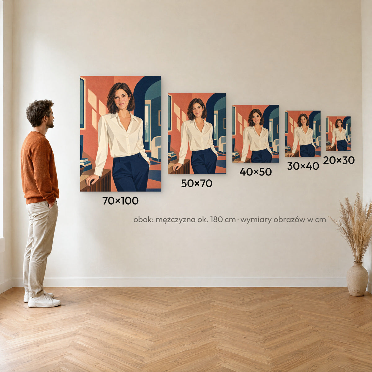 Portret Art Deco — porównanie rozmiarów obrazu na płótnie: 20×30, 30×40, 40×50, 50×70 i 70×100 cm na ścianie obok mężczyzny ok. 180 cm C-CV-AI-8-2030