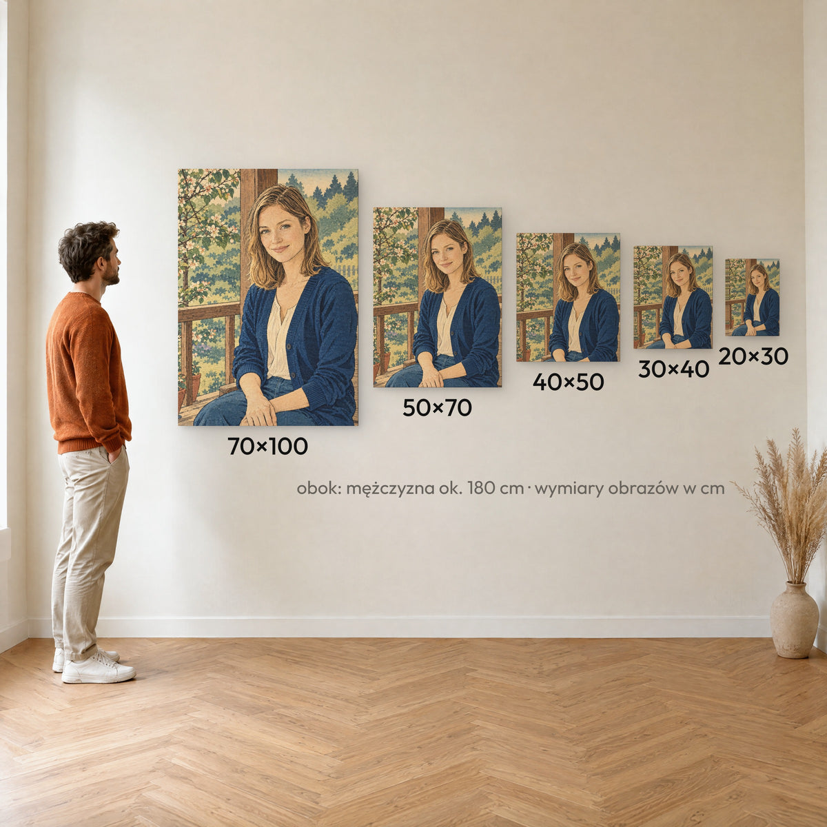 Japoński drzeworyt — porównanie rozmiarów obrazu na płótnie: 20×30, 30×40, 40×50, 50×70 i 70×100 cm na ścianie obok mężczyzny ok. 180 cm C-CV-AI-9-2030
