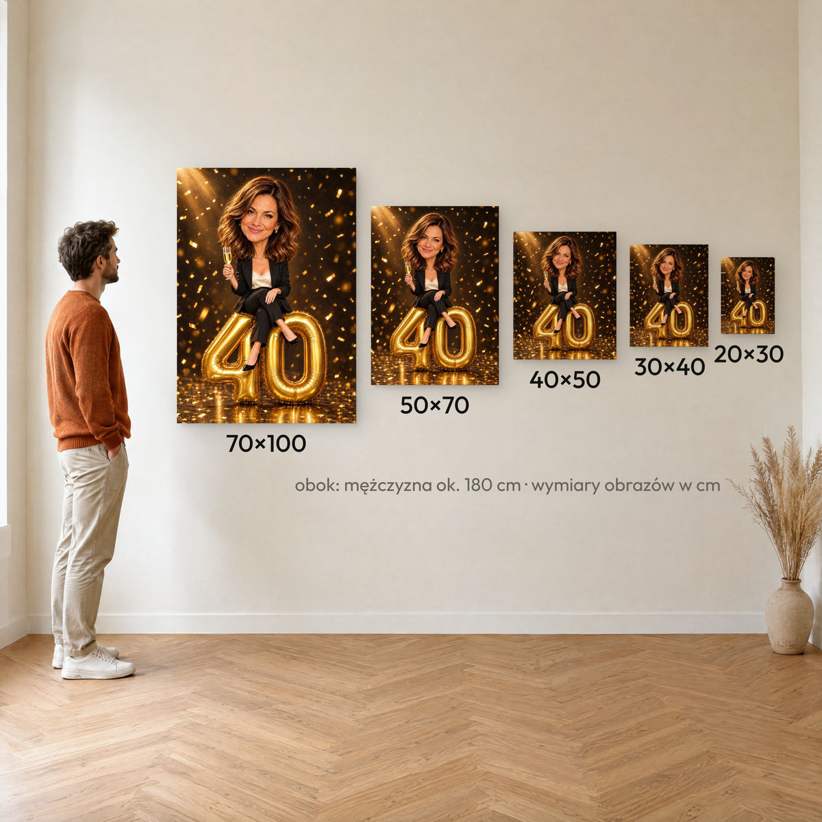 Złote Balony — porównanie rozmiarów obrazu na płótnie: 20×30, 30×40, 40×50, 50×70 i 70×100 cm na ścianie obok mężczyzny ok. 180 cm C-CV-KAR-01-2030