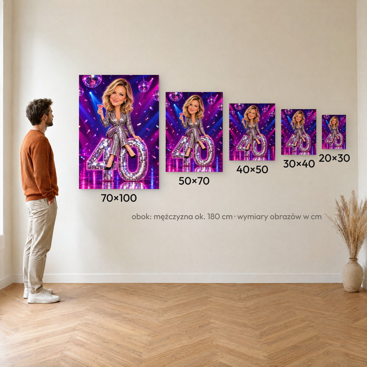 Disco — porównanie rozmiarów obrazu na płótnie: 20×30, 30×40, 40×50, 50×70 i 70×100 cm na ścianie obok mężczyzny ok. 180 cm C-CV-KAR-02-2030
