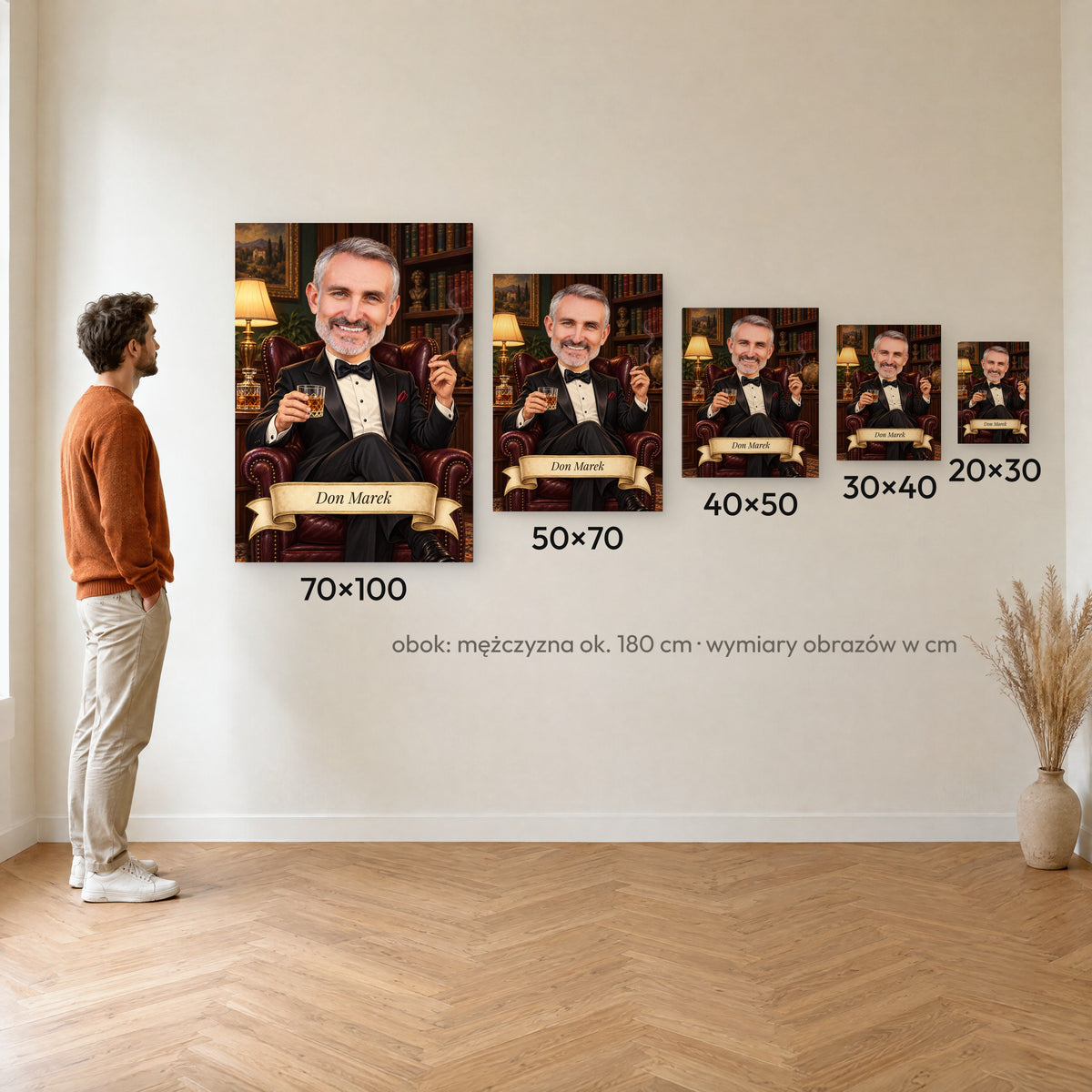 Don — porównanie rozmiarów obrazu na płótnie: 20×30, 30×40, 40×50, 50×70 i 70×100 cm na ścianie obok mężczyzny ok. 180 cm C-CV-KAR-09-2030