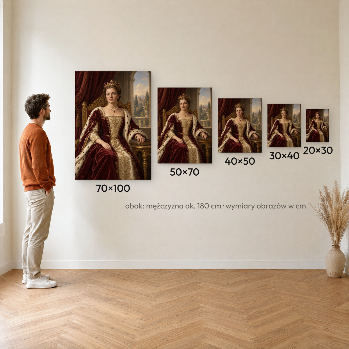Królowa — porównanie rozmiarów obrazu na płótnie: 20×30, 30×40, 40×50, 50×70 i 70×100 cm na ścianie obok mężczyzny ok. 180 cm C-CV-ROY-04-2030