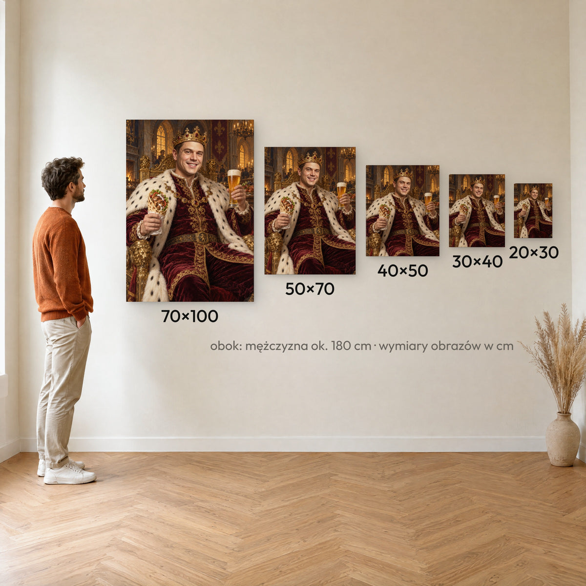 Król kebaba — porównanie rozmiarów obrazu na płótnie: 20×30, 30×40, 40×50, 50×70 i 70×100 cm na ścianie obok mężczyzny ok. 180 cm C-CV-ROY-05-2030