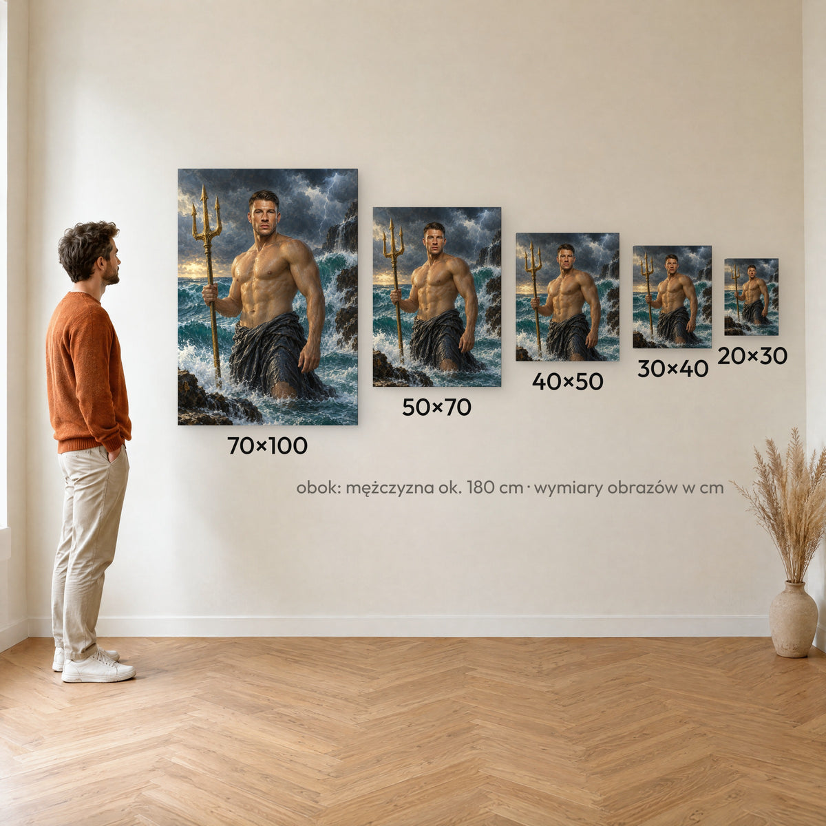 Władca oceanów — porównanie rozmiarów obrazu na płótnie: 20×30, 30×40, 40×50, 50×70 i 70×100 cm na ścianie obok mężczyzny ok. 180 cm C-CV-ROY-06-2030