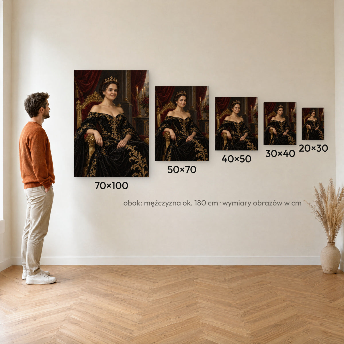 Królowa czarnego złota — porównanie rozmiarów obrazu na płótnie: 20×30, 30×40, 40×50, 50×70 i 70×100 cm na ścianie obok mężczyzny ok. 180 cm C-CV-ROY-07-2030