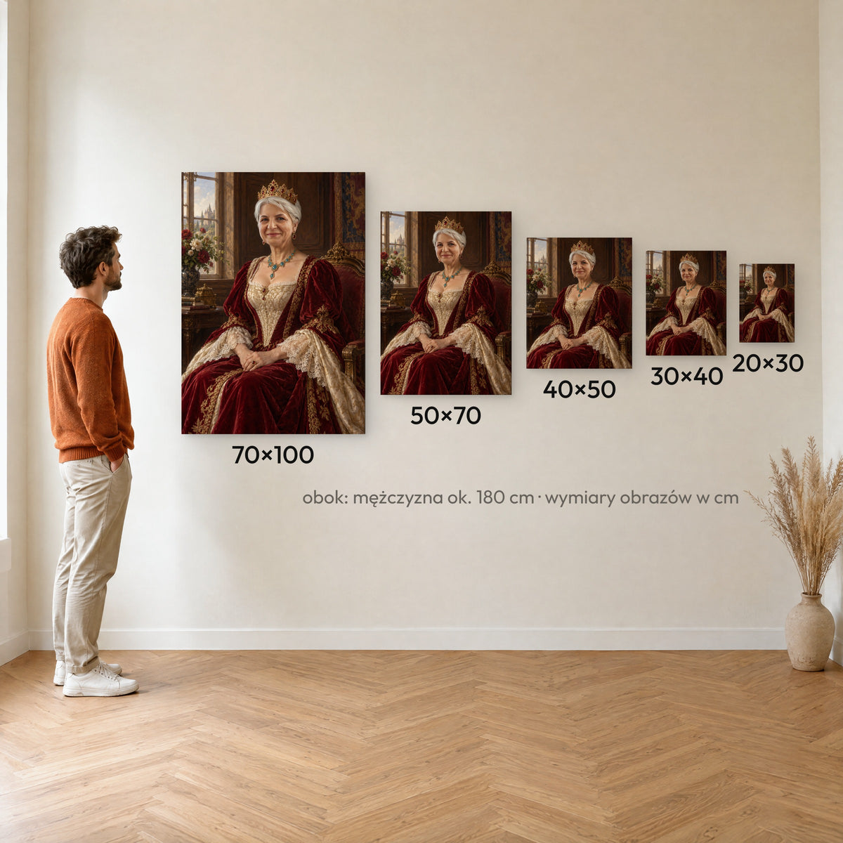 Cesarzowa — porównanie rozmiarów obrazu na płótnie: 20×30, 30×40, 40×50, 50×70 i 70×100 cm na ścianie obok mężczyzny ok. 180 cm C-CV-ROY-08-2030