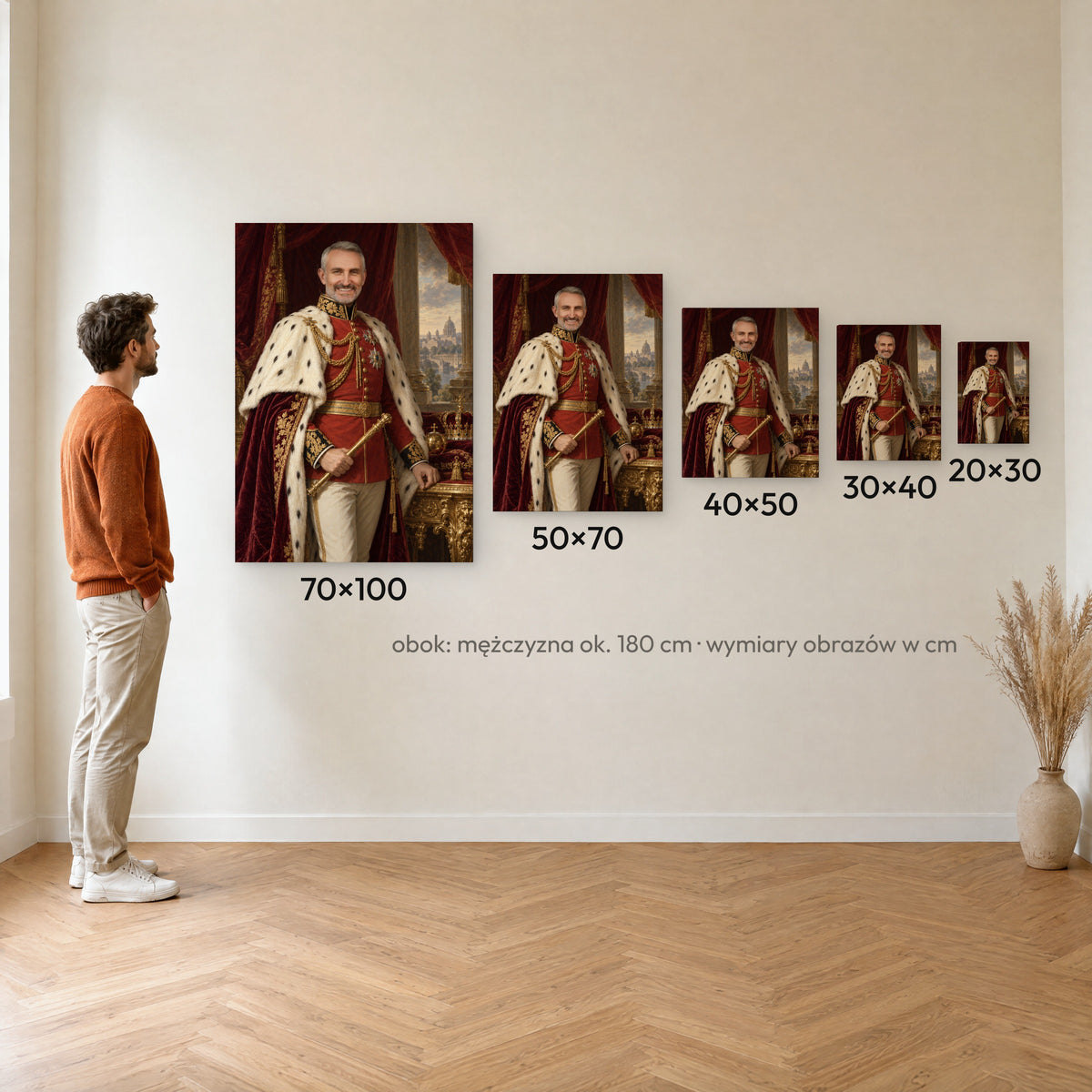 Imperator — porównanie rozmiarów obrazu na płótnie: 20×30, 30×40, 40×50, 50×70 i 70×100 cm na ścianie obok mężczyzny ok. 180 cm C-CV-ROY-10-2030