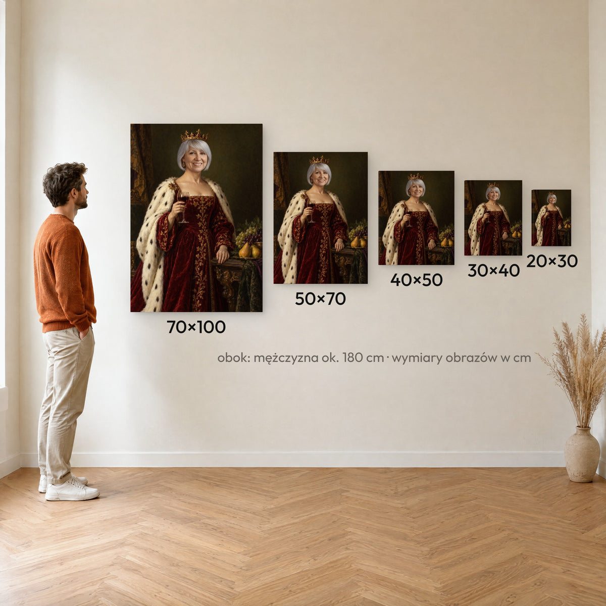 Królowa wina — porównanie rozmiarów obrazu na płótnie: 20×30, 30×40, 40×50, 50×70 i 70×100 cm na ścianie obok mężczyzny ok. 180 cm C-CV-ROY-11-2030
