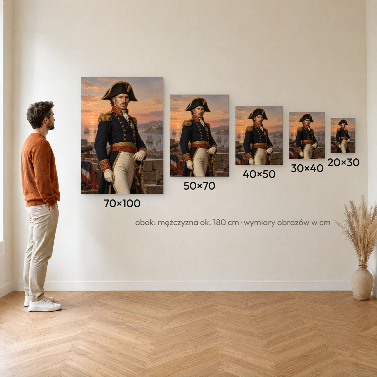 Wielki generał — porównanie rozmiarów obrazu na płótnie: 20×30, 30×40, 40×50, 50×70 i 70×100 cm na ścianie obok mężczyzny ok. 180 cm C-CV-ROY-12-2030