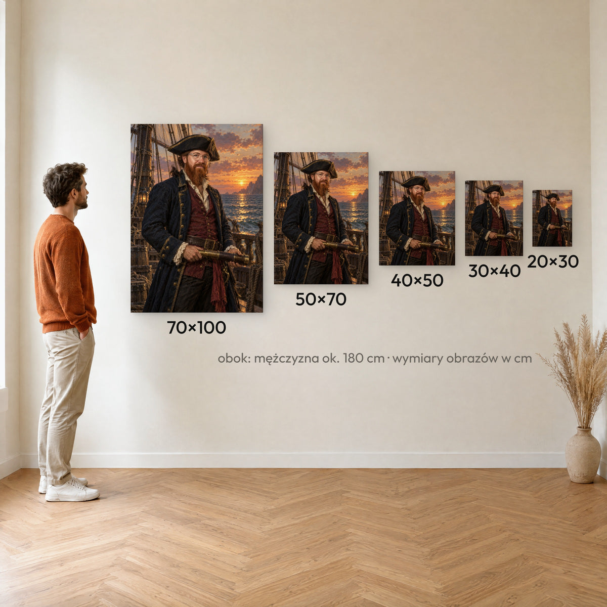 Kapitan piratów — porównanie rozmiarów obrazu na płótnie: 20×30, 30×40, 40×50, 50×70 i 70×100 cm na ścianie obok mężczyzny ok. 180 cm C-CV-ROY-16-2030