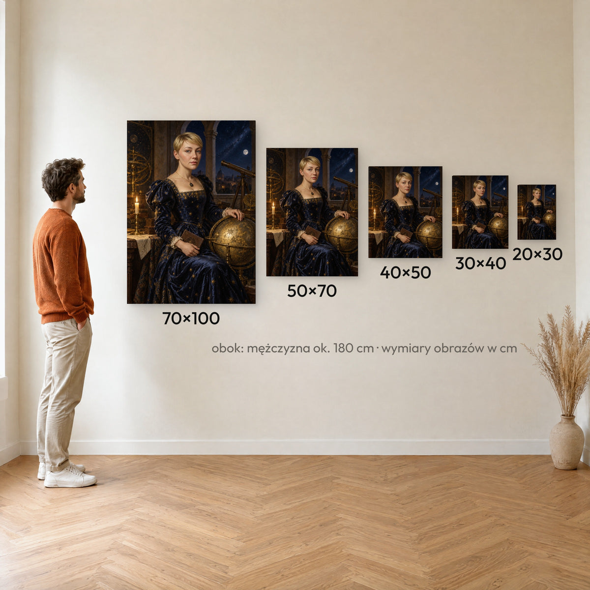 Pani gwiazd — porównanie rozmiarów obrazu na płótnie: 20×30, 30×40, 40×50, 50×70 i 70×100 cm na ścianie obok mężczyzny ok. 180 cm C-CV-ROY-17-2030