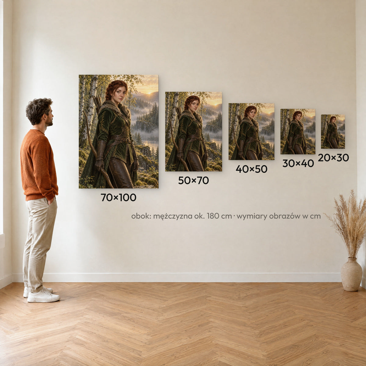 Łowczyni o świcie — porównanie rozmiarów obrazu na płótnie: 20×30, 30×40, 40×50, 50×70 i 70×100 cm na ścianie obok mężczyzny ok. 180 cm C-CV-ROY-18-2030