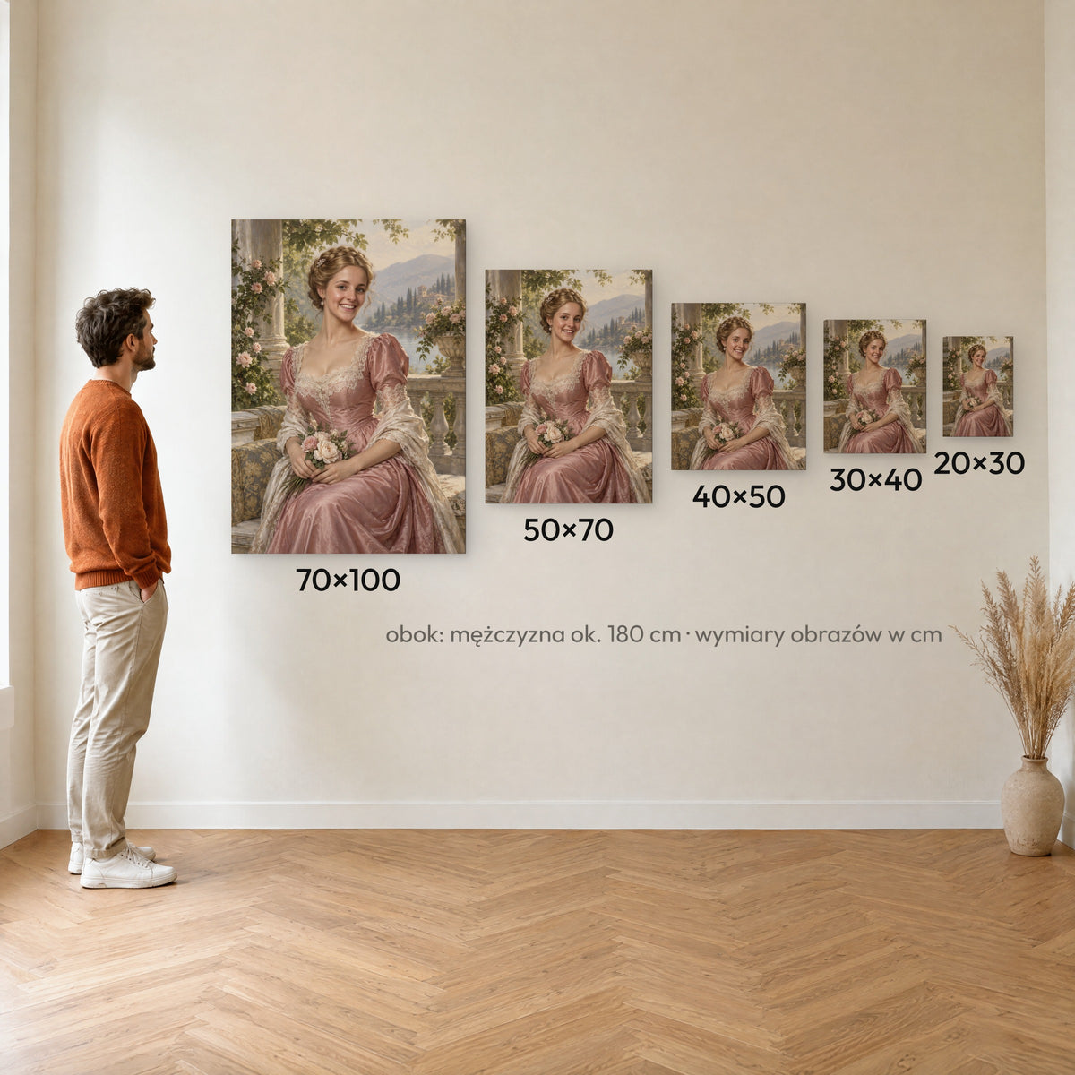 Księżna róż — porównanie rozmiarów obrazu na płótnie: 20×30, 30×40, 40×50, 50×70 i 70×100 cm na ścianie obok mężczyzny ok. 180 cm C-CV-ROY-19-2030