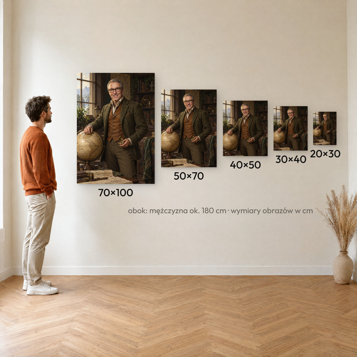 Odkrywca świata — porównanie rozmiarów obrazu na płótnie: 20×30, 30×40, 40×50, 50×70 i 70×100 cm na ścianie obok mężczyzny ok. 180 cm C-CV-ROY-20-2030