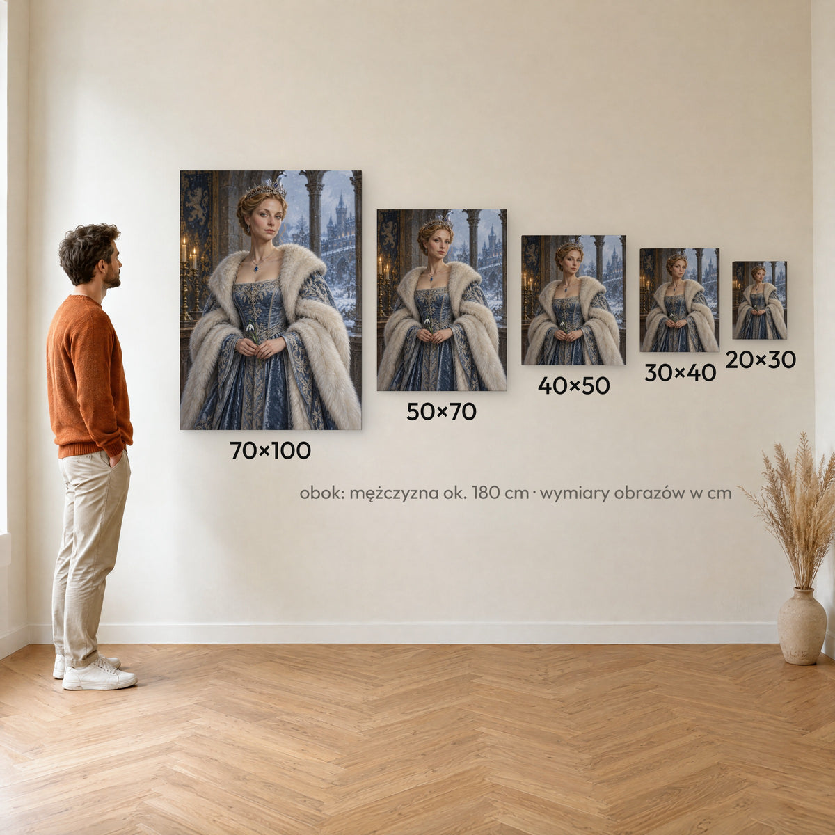 Królowa zimy — porównanie rozmiarów obrazu na płótnie: 20×30, 30×40, 40×50, 50×70 i 70×100 cm na ścianie obok mężczyzny ok. 180 cm C-CV-ROY-21-2030