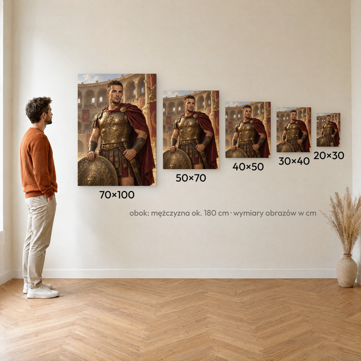 Gladiator — porównanie rozmiarów obrazu na płótnie: 20×30, 30×40, 40×50, 50×70 i 70×100 cm na ścianie obok mężczyzny ok. 180 cm C-CV-ROY-22-2030