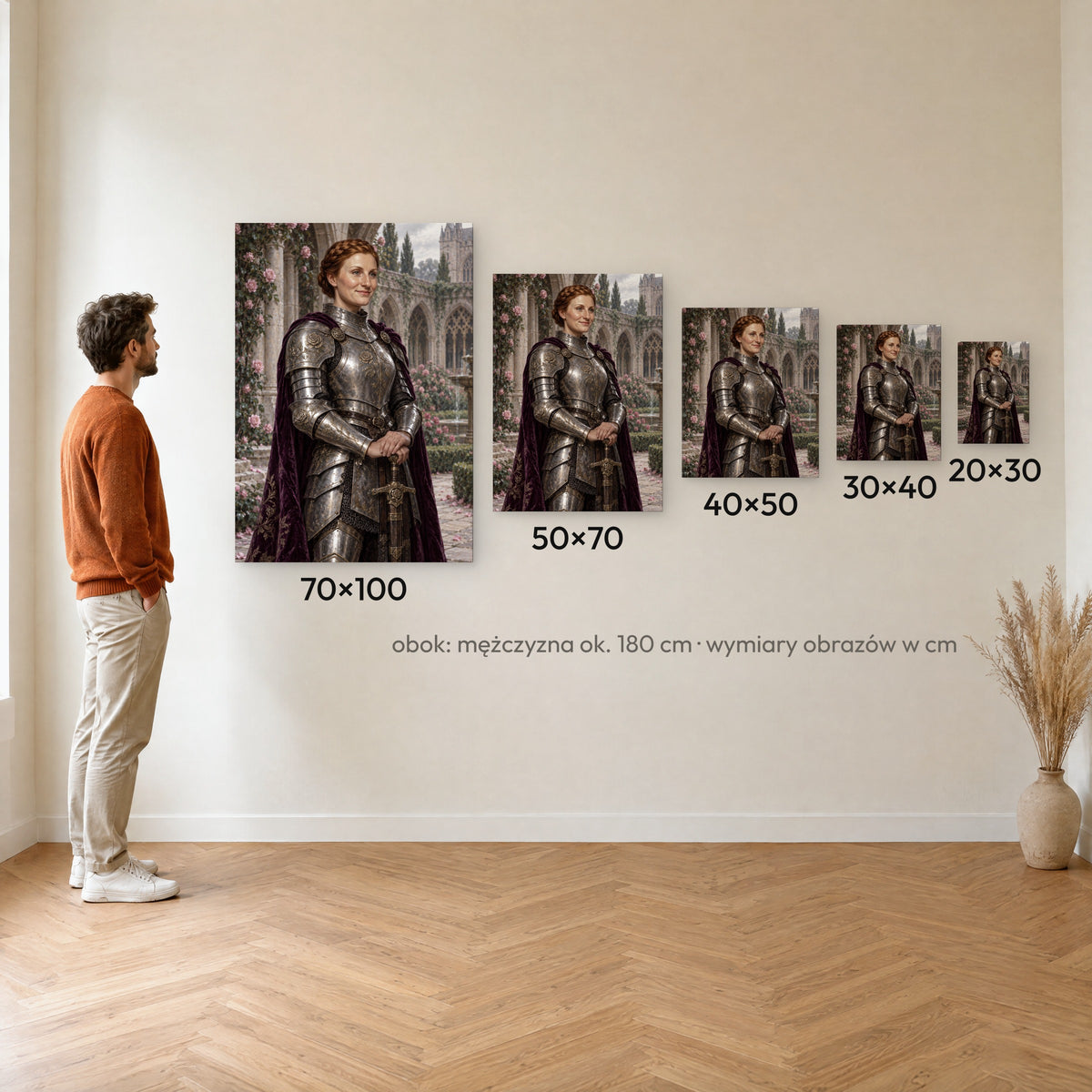 Rycerka róży — porównanie rozmiarów obrazu na płótnie: 20×30, 30×40, 40×50, 50×70 i 70×100 cm na ścianie obok mężczyzny ok. 180 cm C-CV-ROY-23-2030