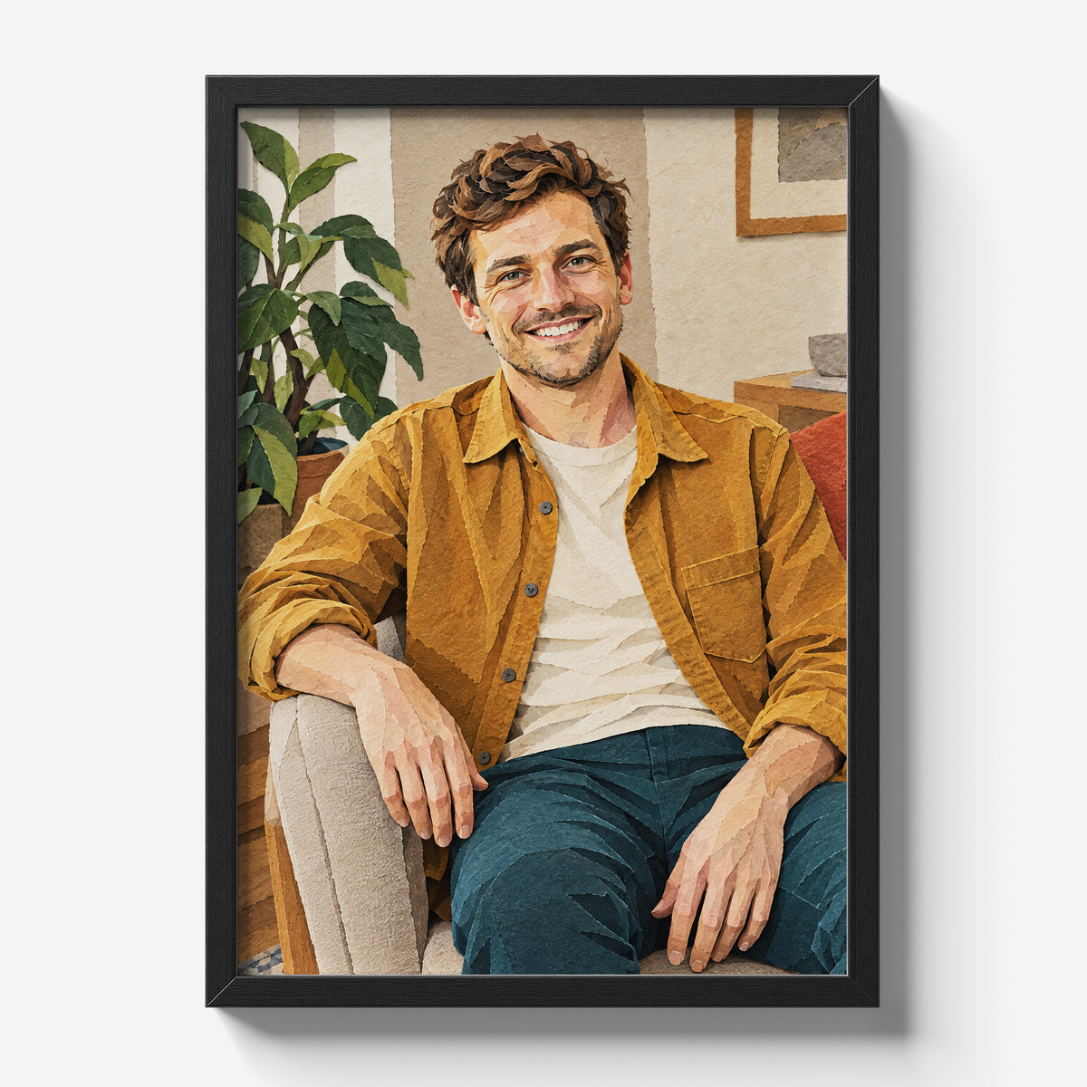Personalizowany plakat Papierowy portret ze zdjęcia w czarnej ramce na jasnym tle. Portret mężczyzny w ochrowej koszuli z efektem warstw papieru.