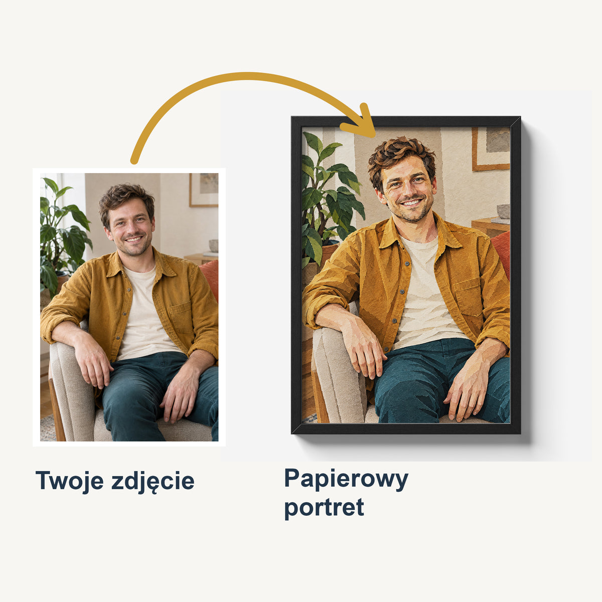 Porównanie zdjęcia mężczyzny w ochrowej koszuli z plakatem Papierowy portret. Cyfrowa wycinanka z drukowanymi krawędziami i cieniami warstw.