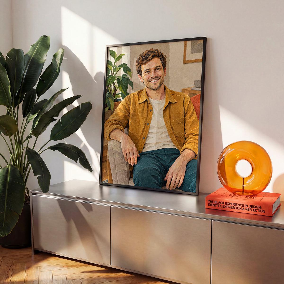 Personalizowany plakat Papierowy portret ze zdjęcia w czarnej ramce we wnętrzu. Portret mężczyzny w ochrowej koszuli z efektem warstw papieru.