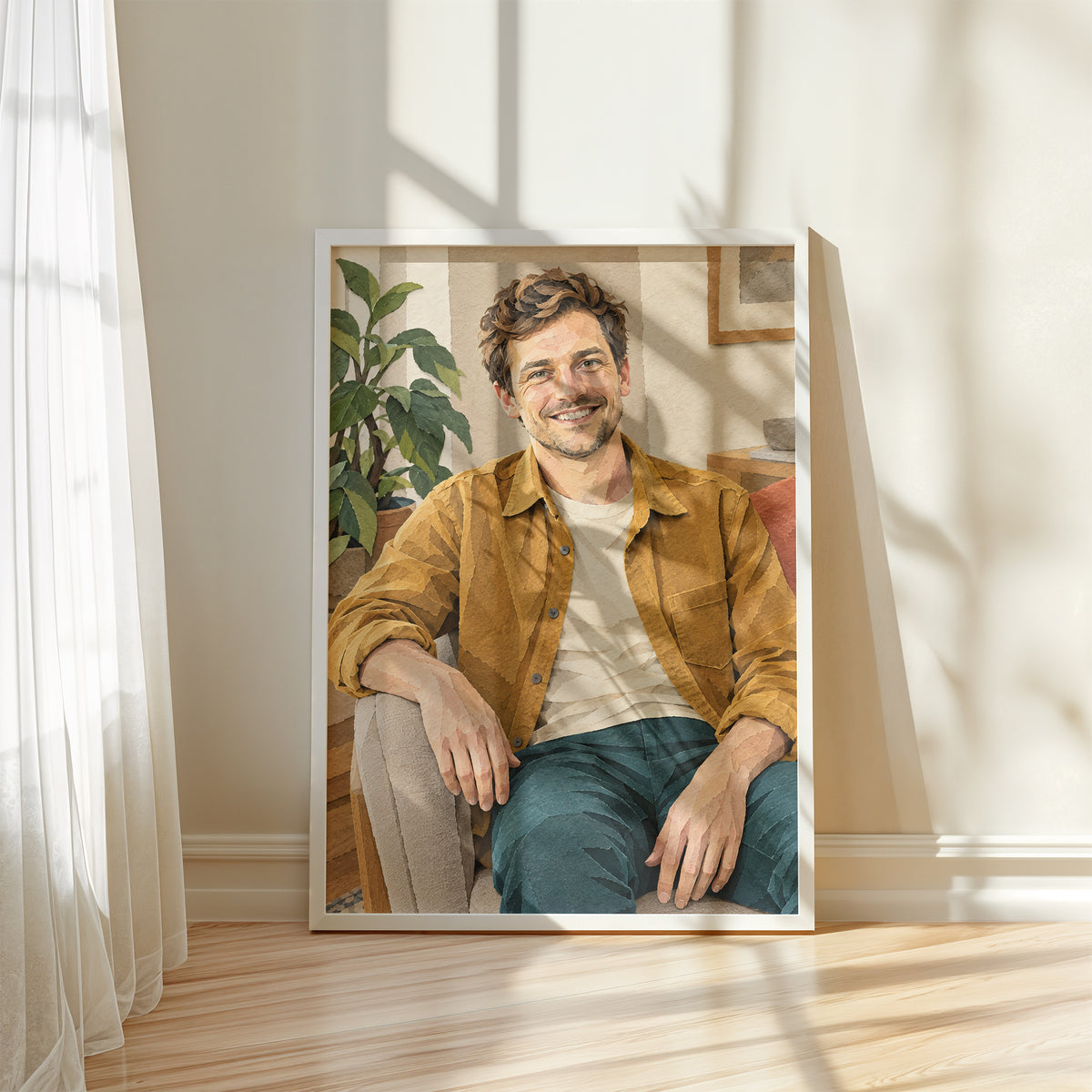 Personalizowany plakat Papierowy portret ze zdjęcia w białej ramce przy oknie. Portret mężczyzny w ochrowej koszuli z efektem warstw papieru.