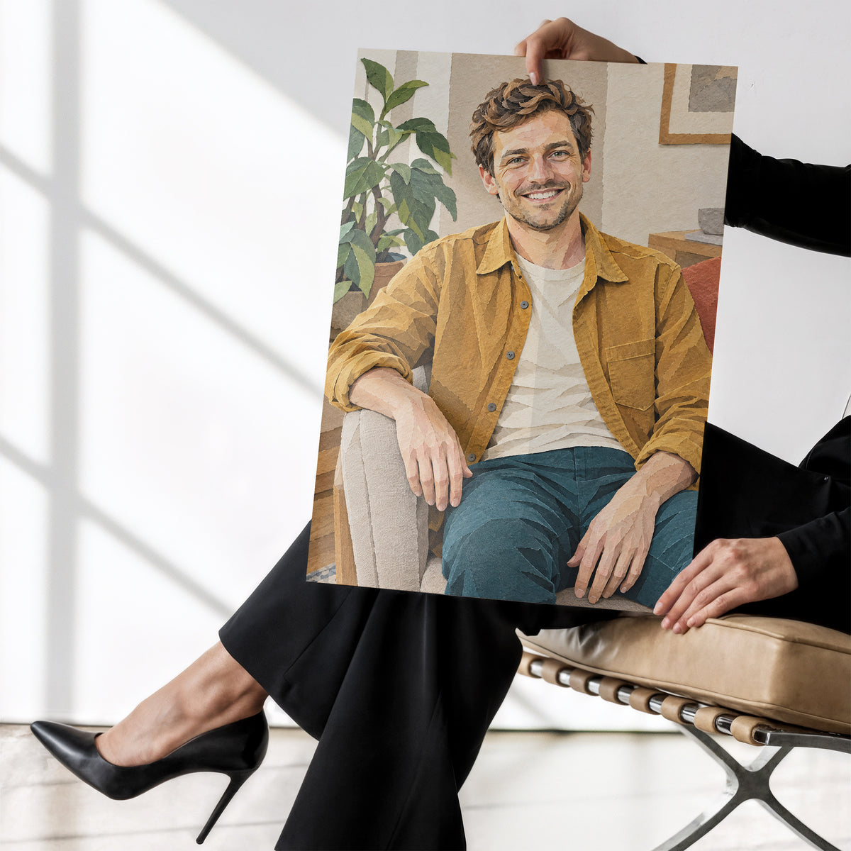 Personalizowany plakat Papierowy portret ze zdjęcia bez ramki, trzymany w dłoniach. Portret mężczyzny w ochrowej koszuli z efektem warstw papieru.