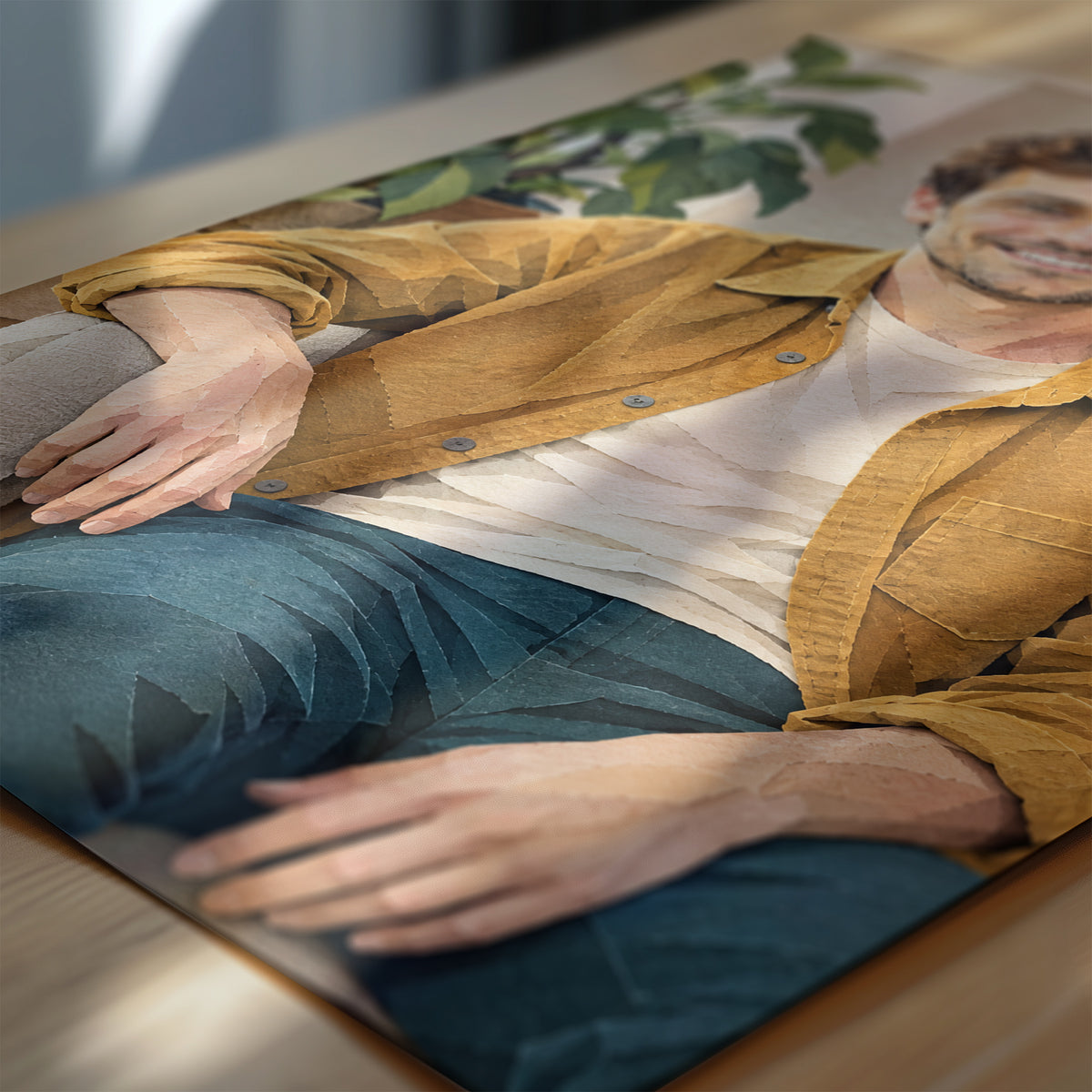 Zbliżenie personalizowanego plakatu Papierowy portret: twarz i ochrowa koszula z drukowanym efektem ciętych krawędzi papieru oraz cieni warstw.