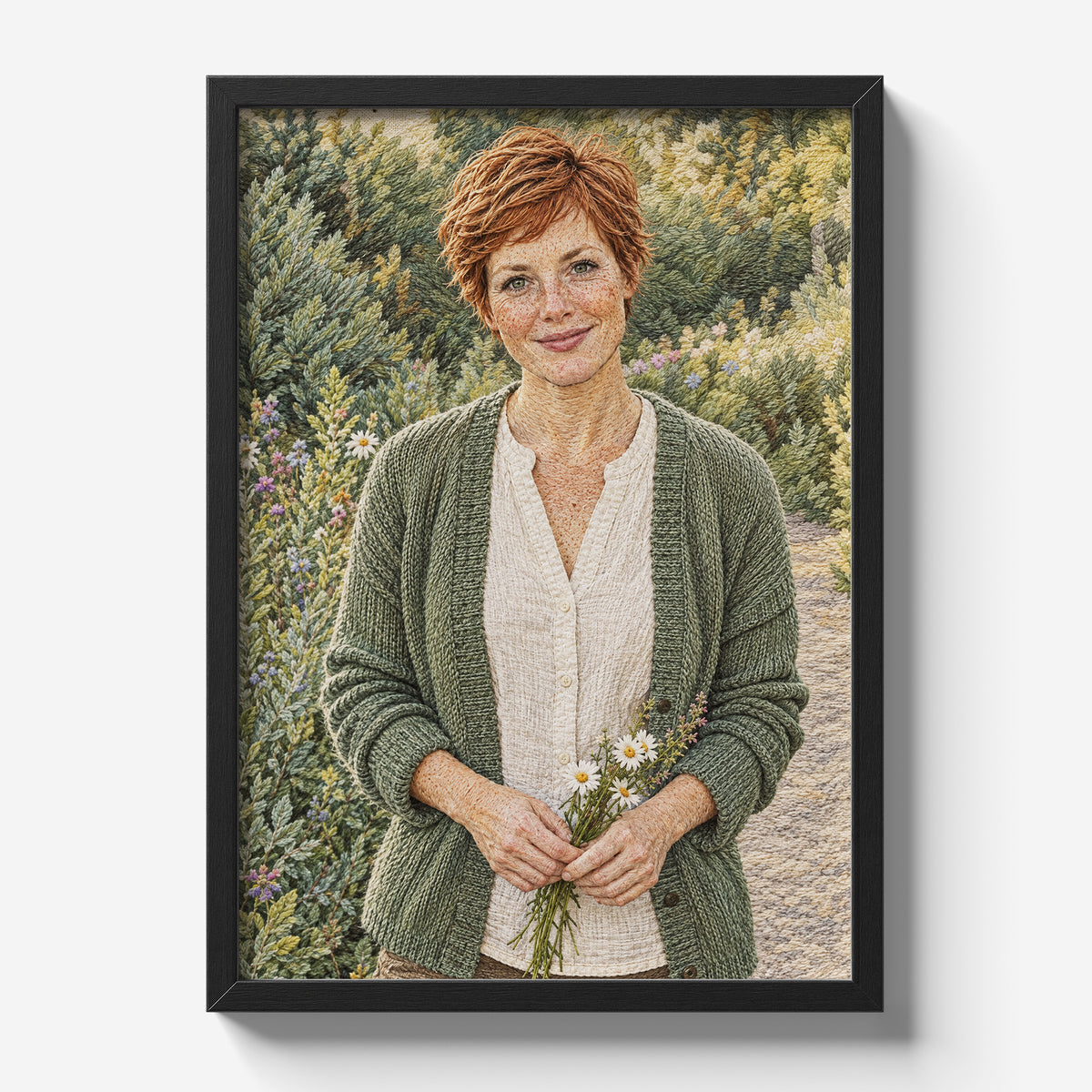 Personalizowany plakat Haft malarski ze zdjęcia w czarnej ramce na jasnym tle. Portret rudej kobiety z kwiatami i drukowanym efektem nici.