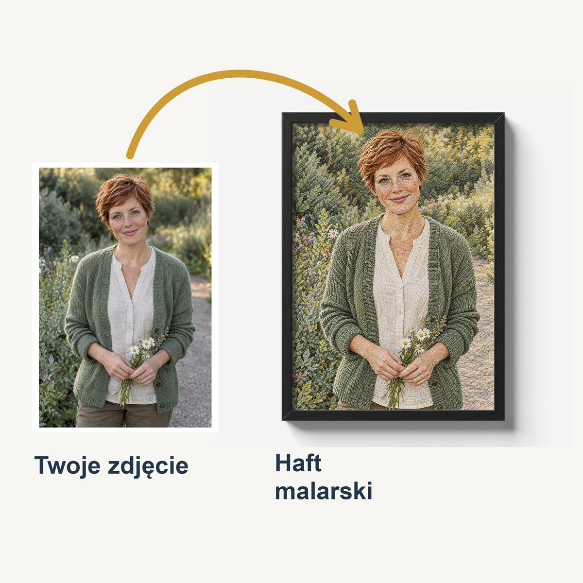 Porównanie zdjęcia rudej kobiety z kwiatami z plakatem Haft malarski. Cyfrowa stylizacja twarzy, włosów i ubrania na drobne drukowane ściegi.