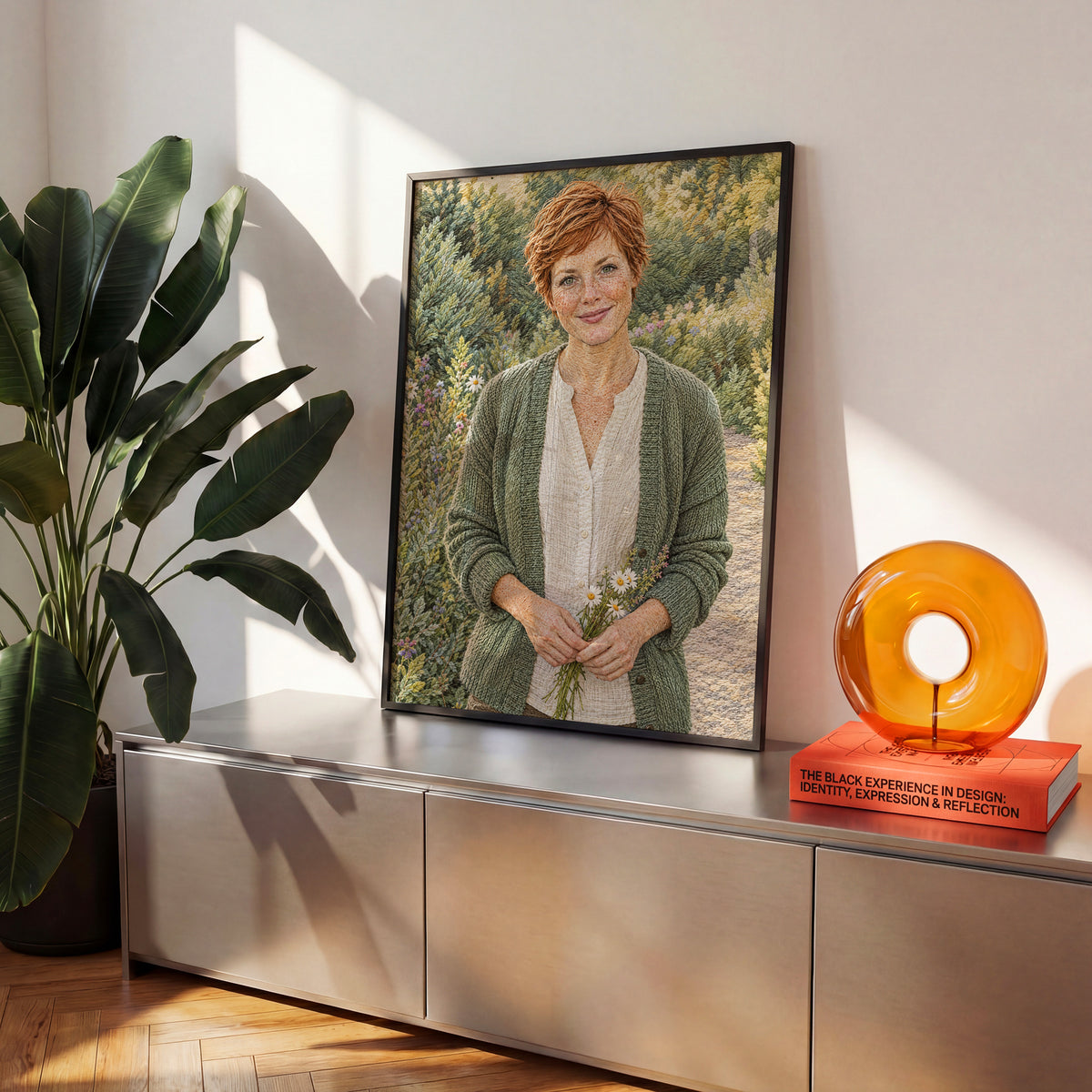 Personalizowany plakat Haft malarski ze zdjęcia w czarnej ramce we wnętrzu. Portret rudej kobiety z kwiatami i drukowanym efektem nici.