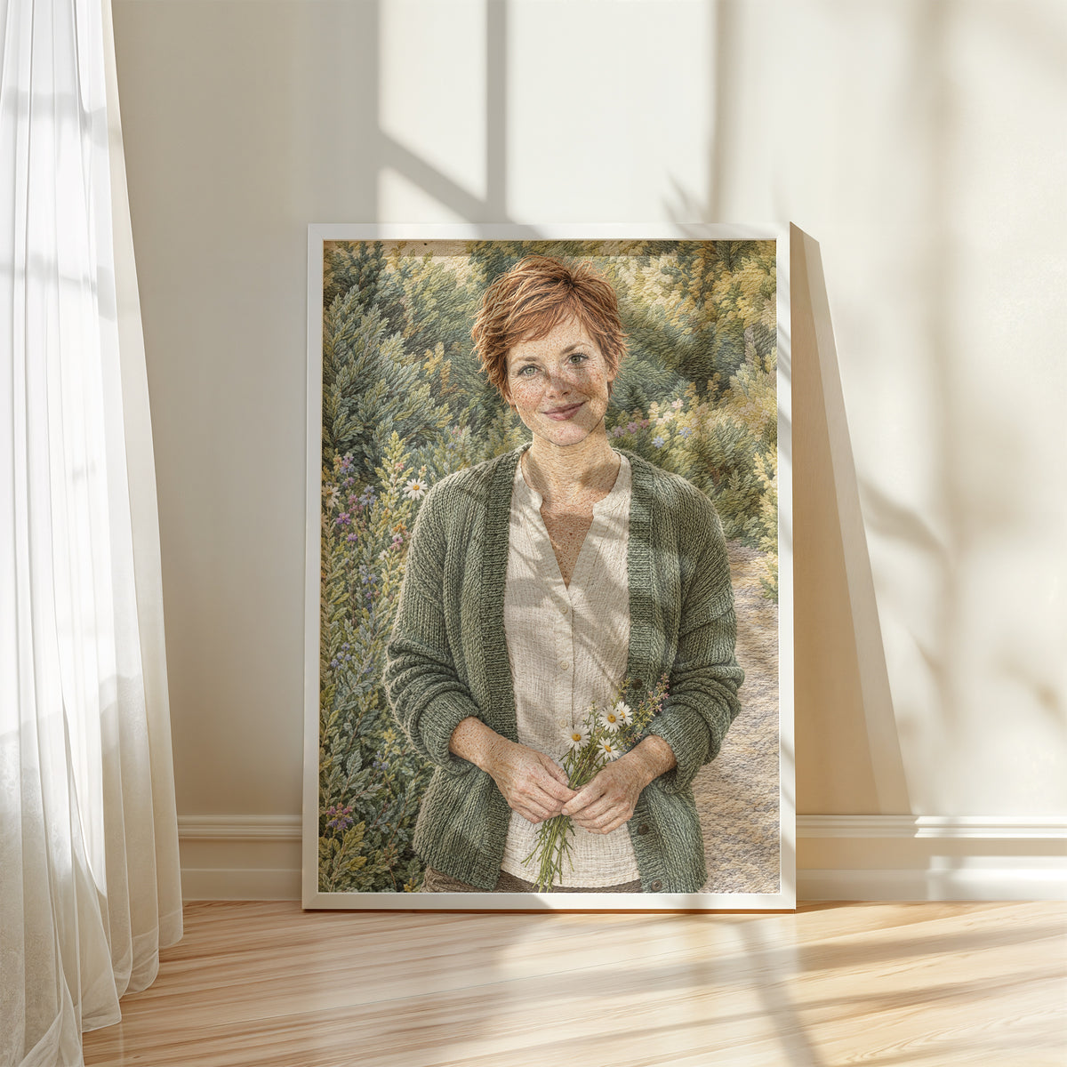 Personalizowany plakat Haft malarski ze zdjęcia w białej ramce przy oknie. Portret rudej kobiety z kwiatami i drukowanym efektem nici.