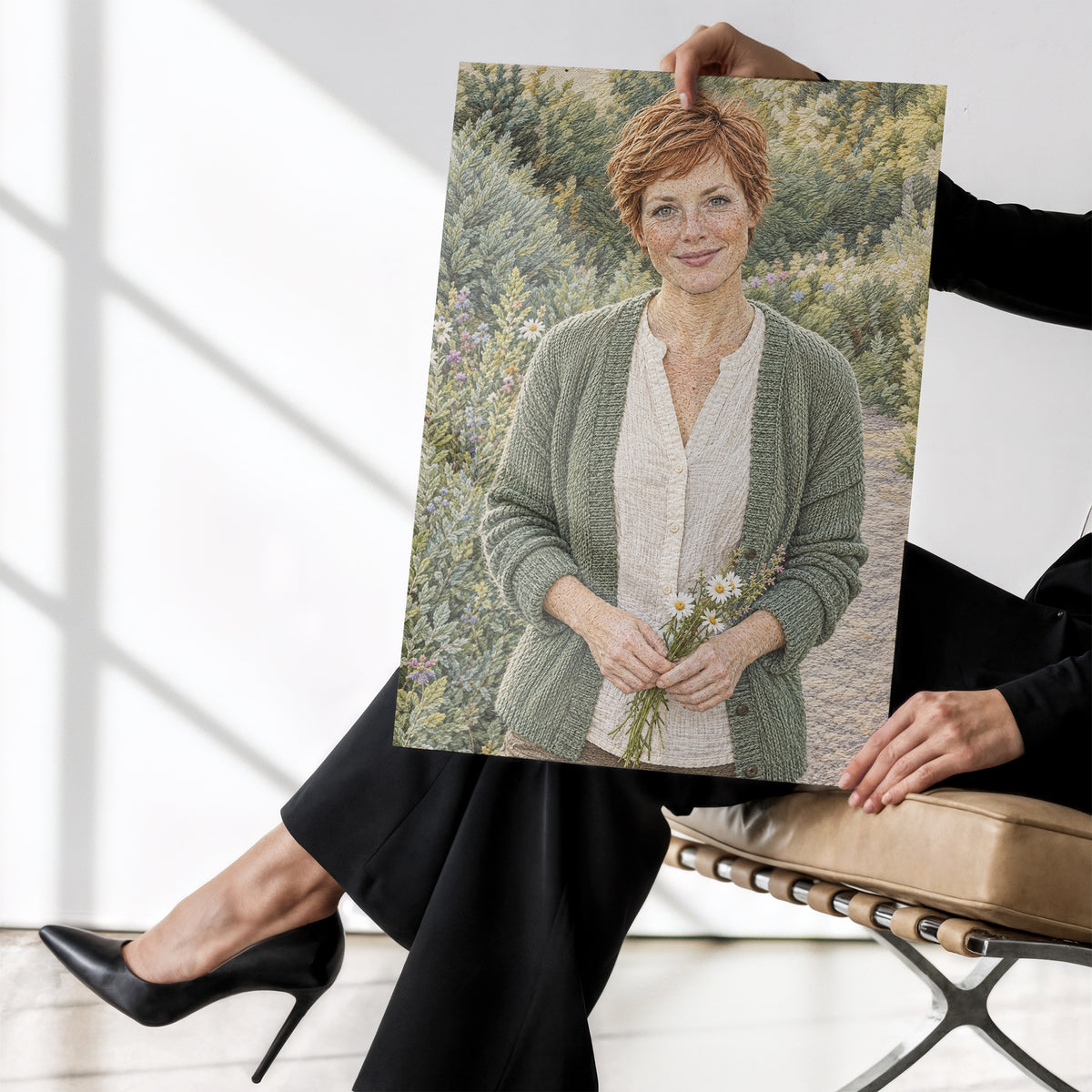 Personalizowany plakat Haft malarski ze zdjęcia bez ramki, trzymany w dłoniach. Portret rudej kobiety z kwiatami i drukowanym efektem nici.
