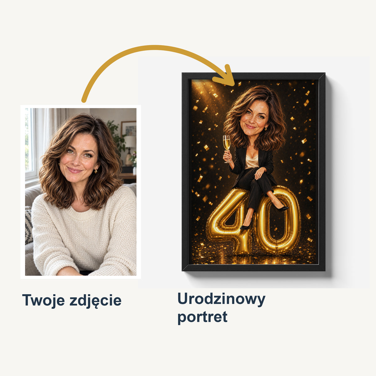 Przykładowe porównanie zdjęcia kobiety w jasnym swetrze z karykaturą urodzinową: powiększona głowa, złote balony 40 i ciemne tło.