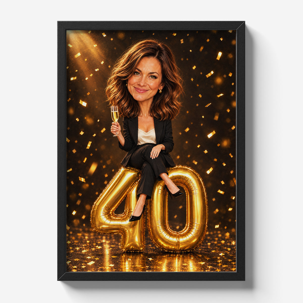 Personalizowany plakat urodzinowy w czarnej ramce na jasnym tle. Karykatura kobiety siedzącej na złotych balonach 40, wśród konfetti.