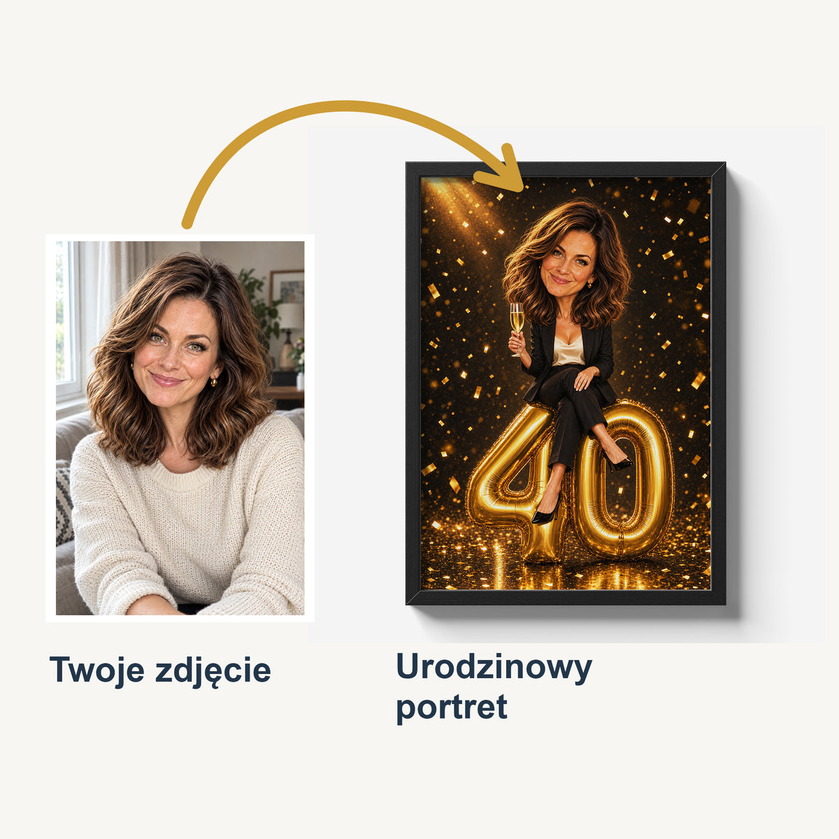 Przykładowe porównanie zdjęcia kobiety w jasnym swetrze z karykaturą urodzinową: powiększona głowa, złote balony 40 i ciemne tło. C-PL-KAR-01-2130-NF