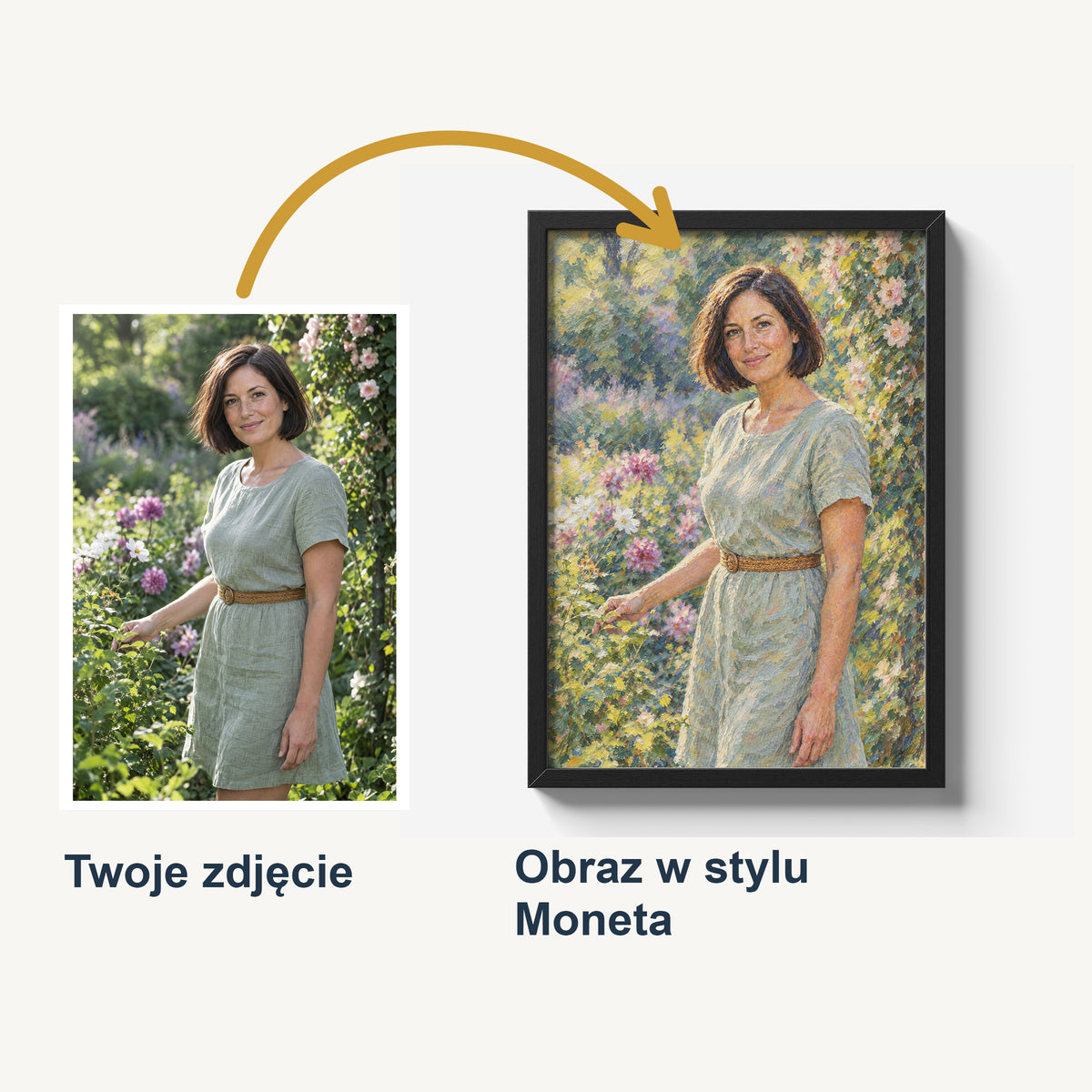 Porównanie zdjęcia kobiety w ogrodzie z plakatem Ogród światła. Cyfrowa stylizacja w duchu Moneta z pastelowymi pociągnięciami pędzla.