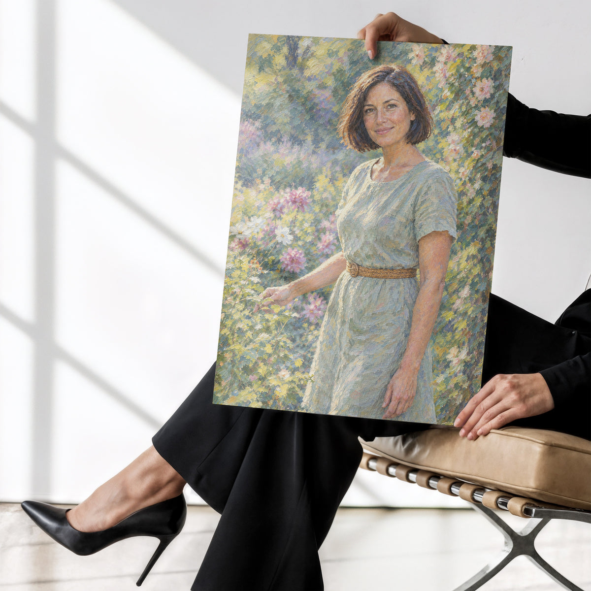 Personalizowany plakat Ogród światła w stylu Moneta bez ramki, trzymany w dłoniach. Malarski portret kobiety w pastelowym, kwitnącym ogrodzie.