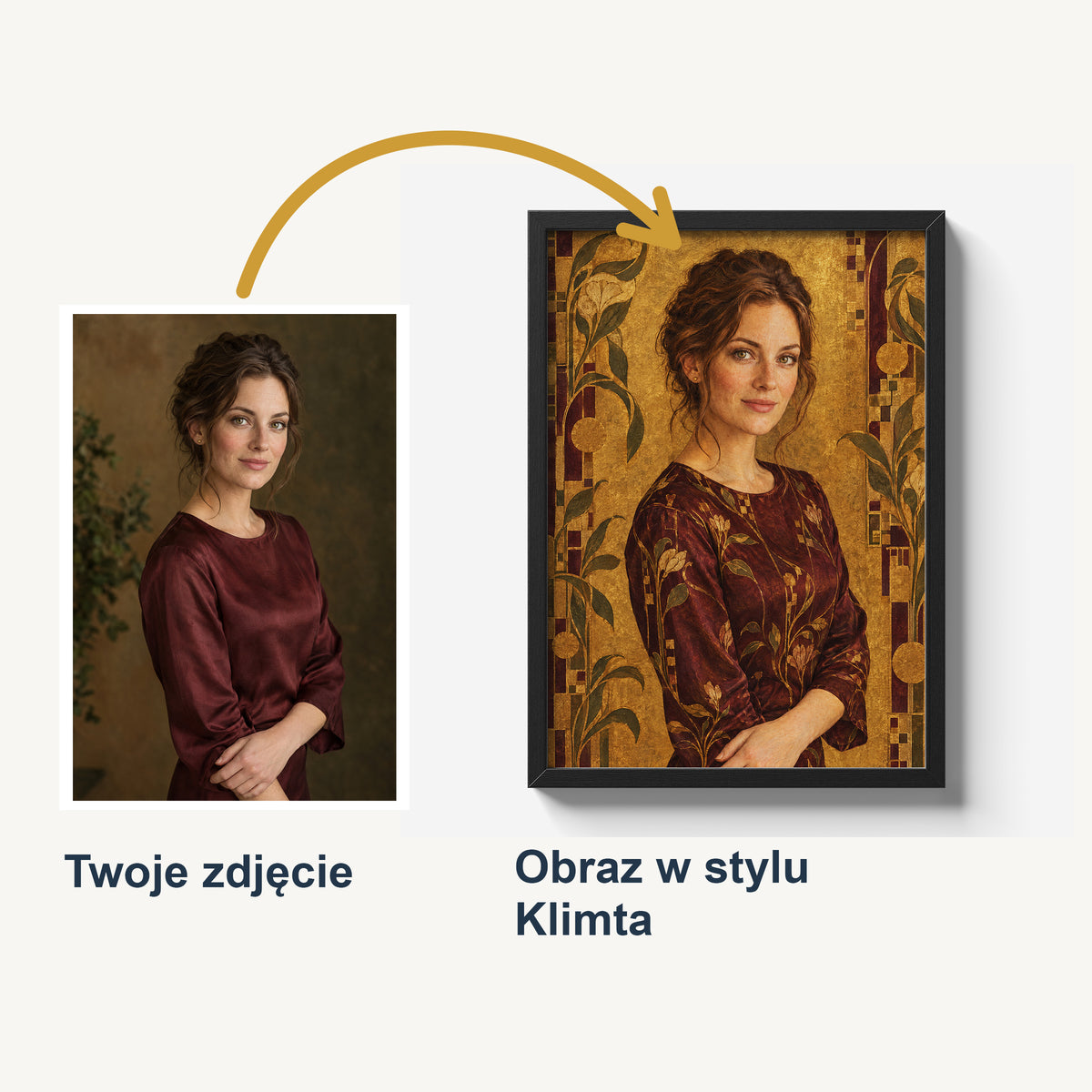 Porównanie zdjęcia kobiety w bordowej bluzce z plakatem Złota secesja w stylu Klimta. Cyfrowy portret z drukowanymi złocistymi ornamentami.