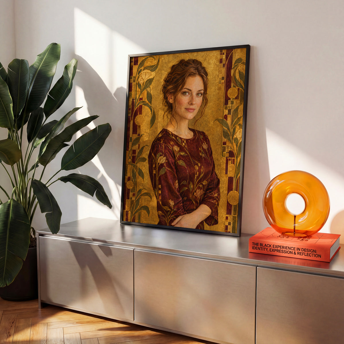 Personalizowany plakat Złota secesja w stylu Klimta w czarnej ramce we wnętrzu. Portret kobiety w bordowej kreacji wśród złocistych ornamentów.