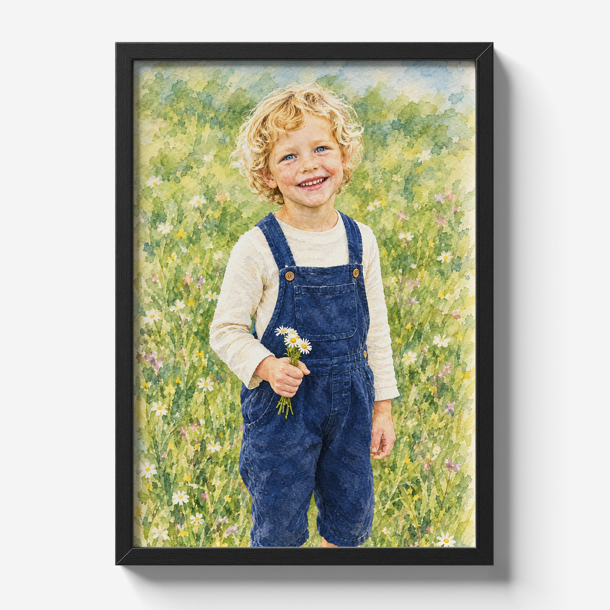 Personalizowany plakat Akwarelowy ogród ze zdjęcia w czarnej ramce na jasnym tle. Akwarelowa interpretacja portretu dziecka ze stokrotkami na łące.
