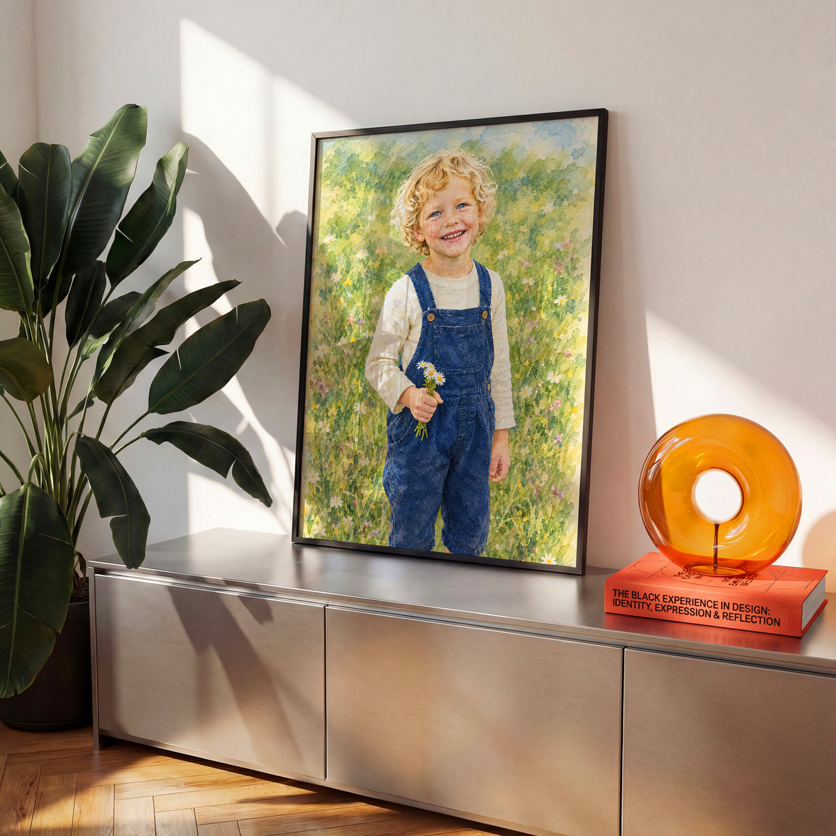 Personalizowany plakat Akwarelowy ogród ze zdjęcia w czarnej ramce we wnętrzu. Akwarelowa interpretacja portretu dziecka ze stokrotkami na łące.